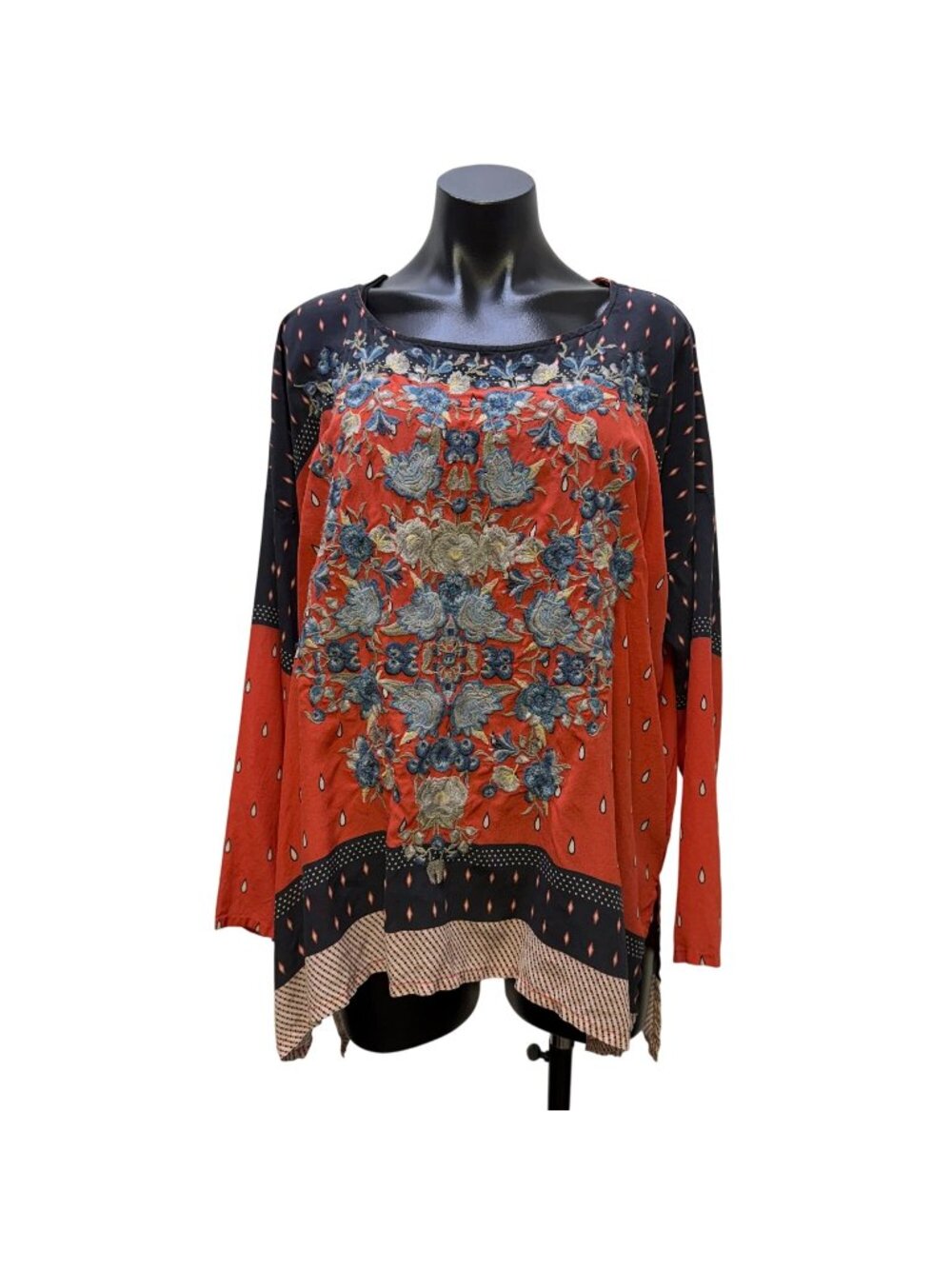 Pete & Greta Johnny Was Embroidered Silk Blouse Red Multi L